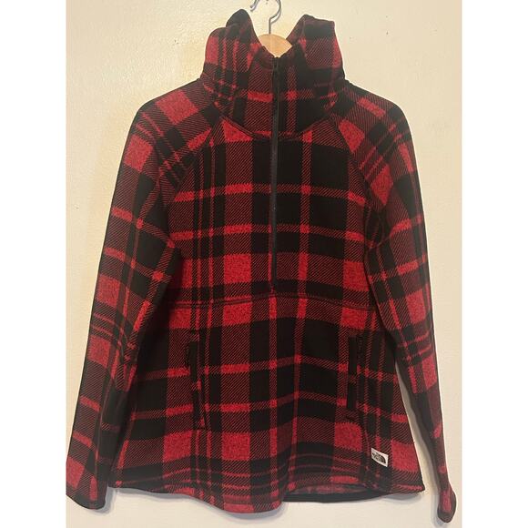 The North Face Fleece Sweater Womens Size Large Plaid Red Black 1/2 Zip - Picture 1 of 16